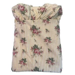 Ralph Lauren Sophie Brooke Floral Yellow Stripe Ruffled Queen Flat Sheet